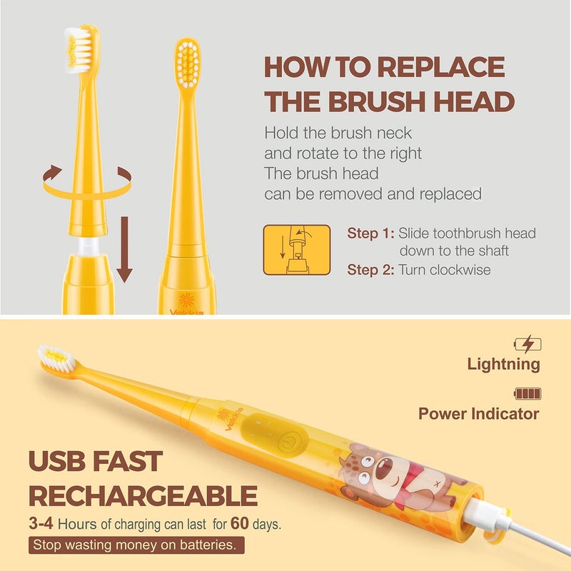 Vekkia Sonic Rechargeable Kids Electric Toothbrush, 3 Modes with Memory, Fun & Easy Cleaning, 24000 Strokes, IPX7 Waterproof, 2-Min Timer for Age 5+, 4 Soft Bristles(Yellow) - Image 5